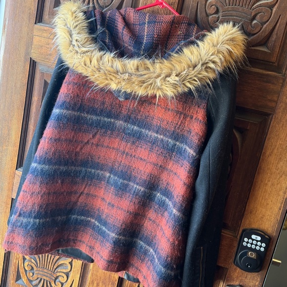 Anthropology Wool Blend Hooded Coat with Faux Fur Trim - Black & Red Plaid - Picture 6 of 6